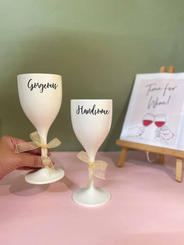 Non Breakable Couple Wine Glass Gift Set - Handsome & Gorgeous Wine Glasses - Set of 2 - White