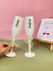 Unbreakable Champagne Flutes with Customisable Name - Set of 2 Ivory white