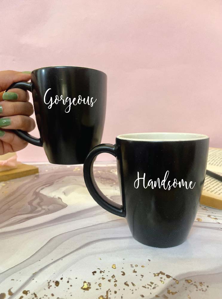 Unbreakable Couple Mugs - Gorgeous and Handsome - Set of 2 - Black