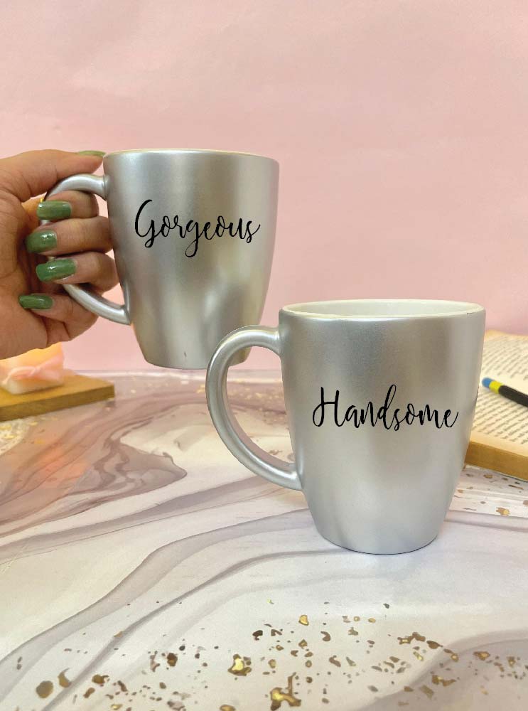 Unbreakable Couple Mugs - Gorgeous and Handsome - Set of 2 - Silver